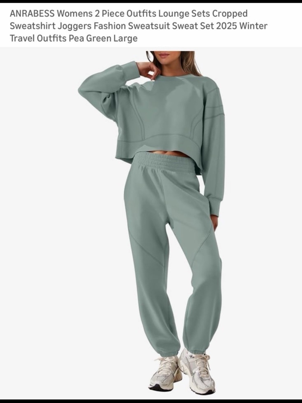 ANRABESS Pea Green Cropped Sweatshirt & Joggers Set